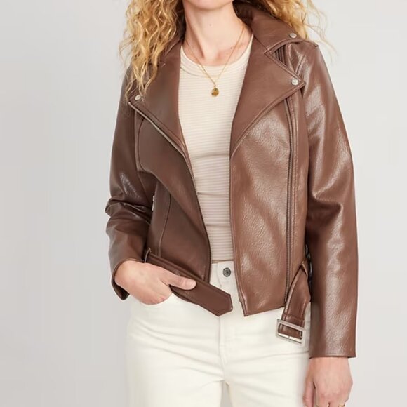 Old Navy Faux Leather Belted Motorcycle Jacket in Espresso Size S ~ NEW - Picture 1 of 6